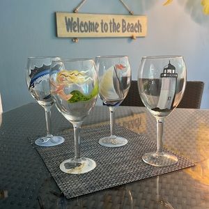 (4) Hand Painted Nautical Wine Glasses with mermaid, lighthouse, sailboat, fish